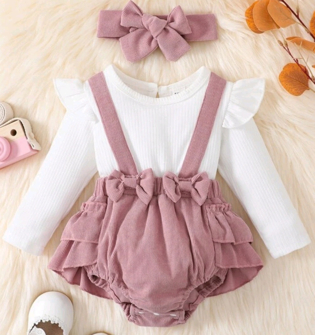 Ribbed White Romper with Dusty Pink  Suspended Bloomer (Overall) and Headband 