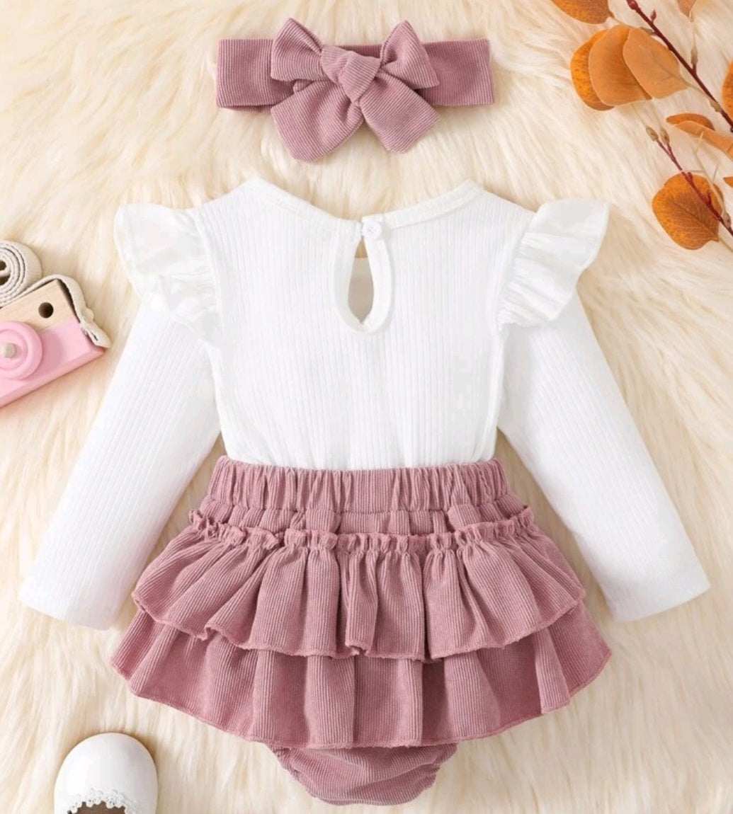 Ribbed White Romper with Dusty Pink  Suspended Bloomer (Overall) and Headband 