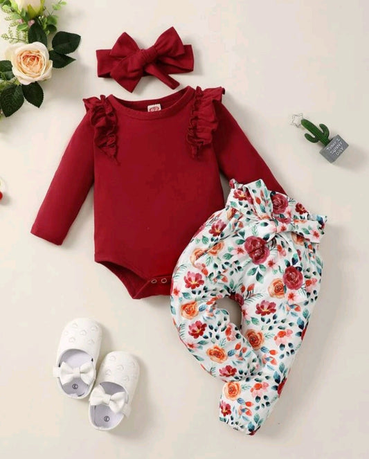 Maroon Long Sleeve Romper with Floral Bowknot Pants and Headband