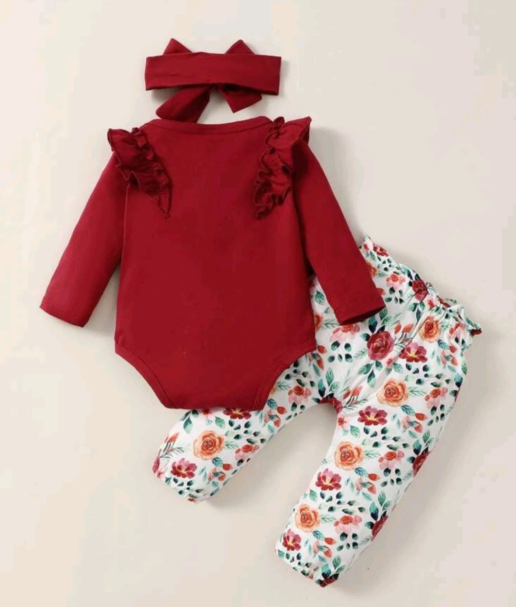 Maroon Long Sleeve Romper with Floral Bowknot Pants and Headband