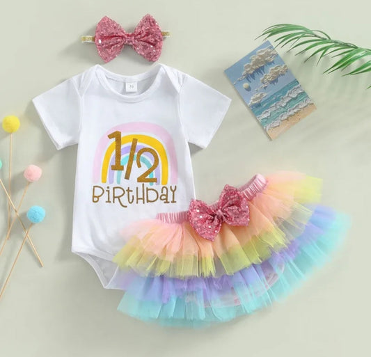 1/2 Birthday Rainbow Romper with Rainbow Ruffle Bloomer and Headband 1001174