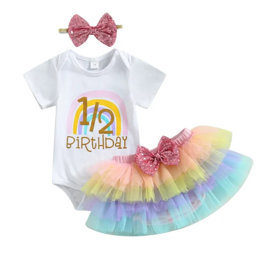 1/2 Birthday Rainbow Romper with Rainbow Ruffle Bloomer and Headband