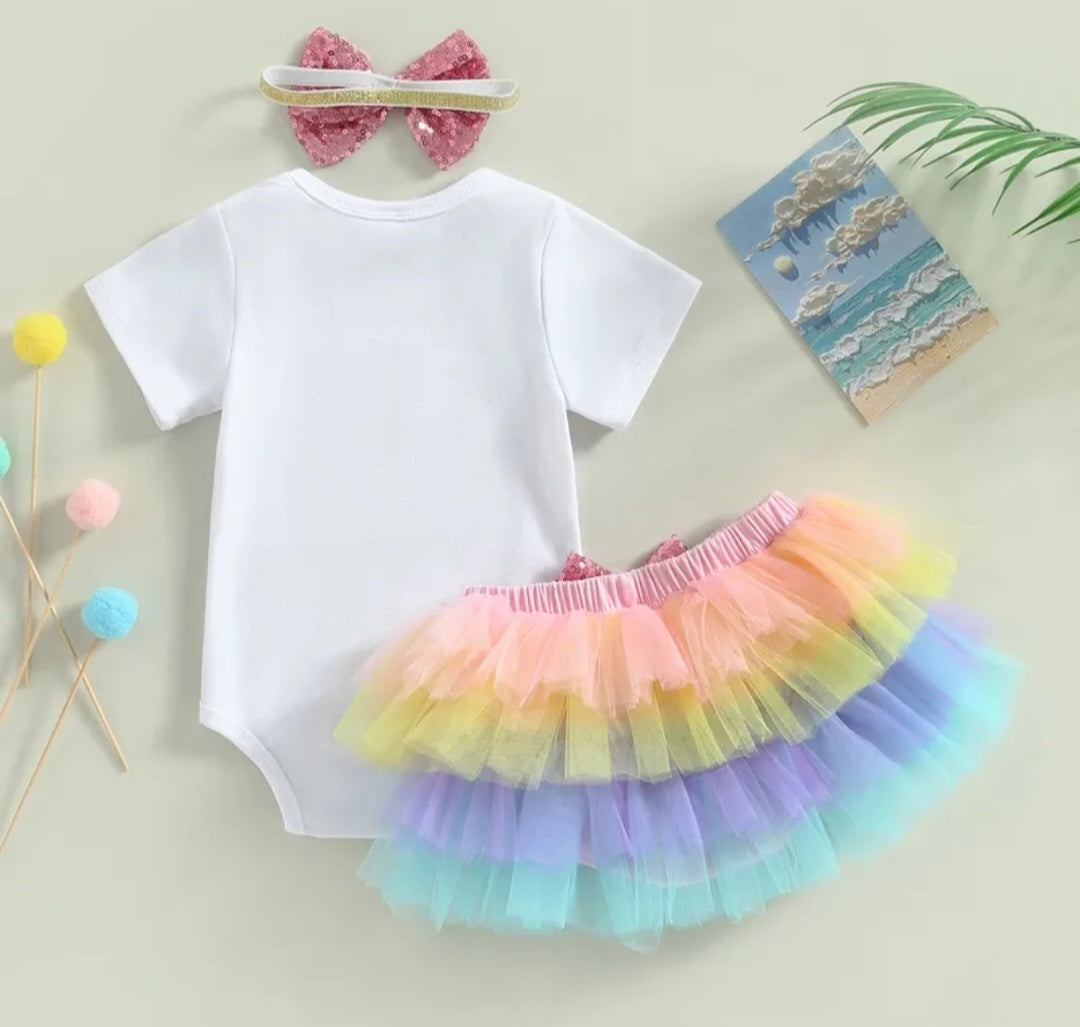 1/2 Birthday Rainbow Romper with Rainbow Ruffle Bloomer and Headband