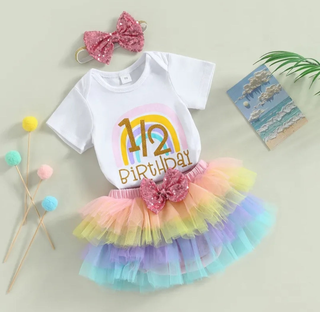 1/2 Birthday Rainbow Romper with Rainbow Ruffle Bloomer and Headband