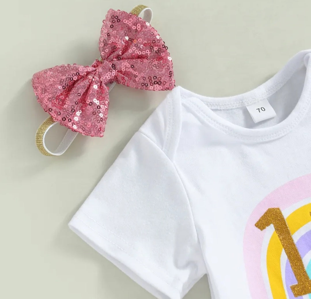 1/2 Birthday Rainbow Romper with Rainbow Ruffle Bloomer and Headband 1001174