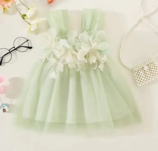 Chai Green Tulle Dress with Floral Detail