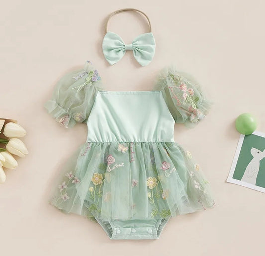 Mint Romper with Embroidered Tulle Tutu, Puff Sholders and Headband 1001176