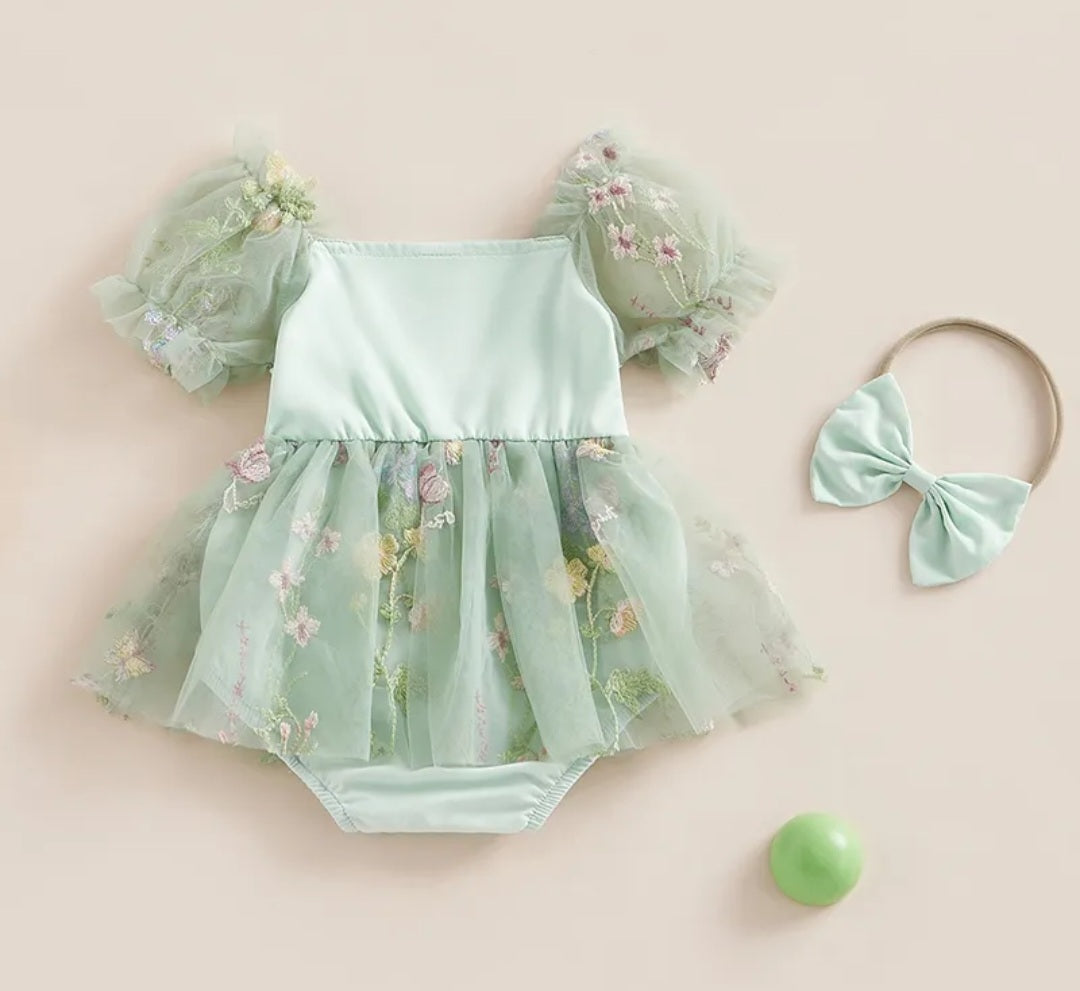 Mint Romper with Embroidered Tulle Tutu, Puff Sholders and Headband 1001176