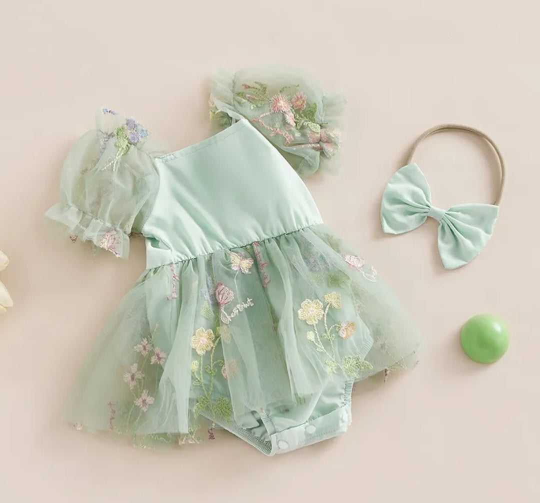 Mint Romper with Embroidered Tulle Tutu, Puff Sholders and Headband 1001176