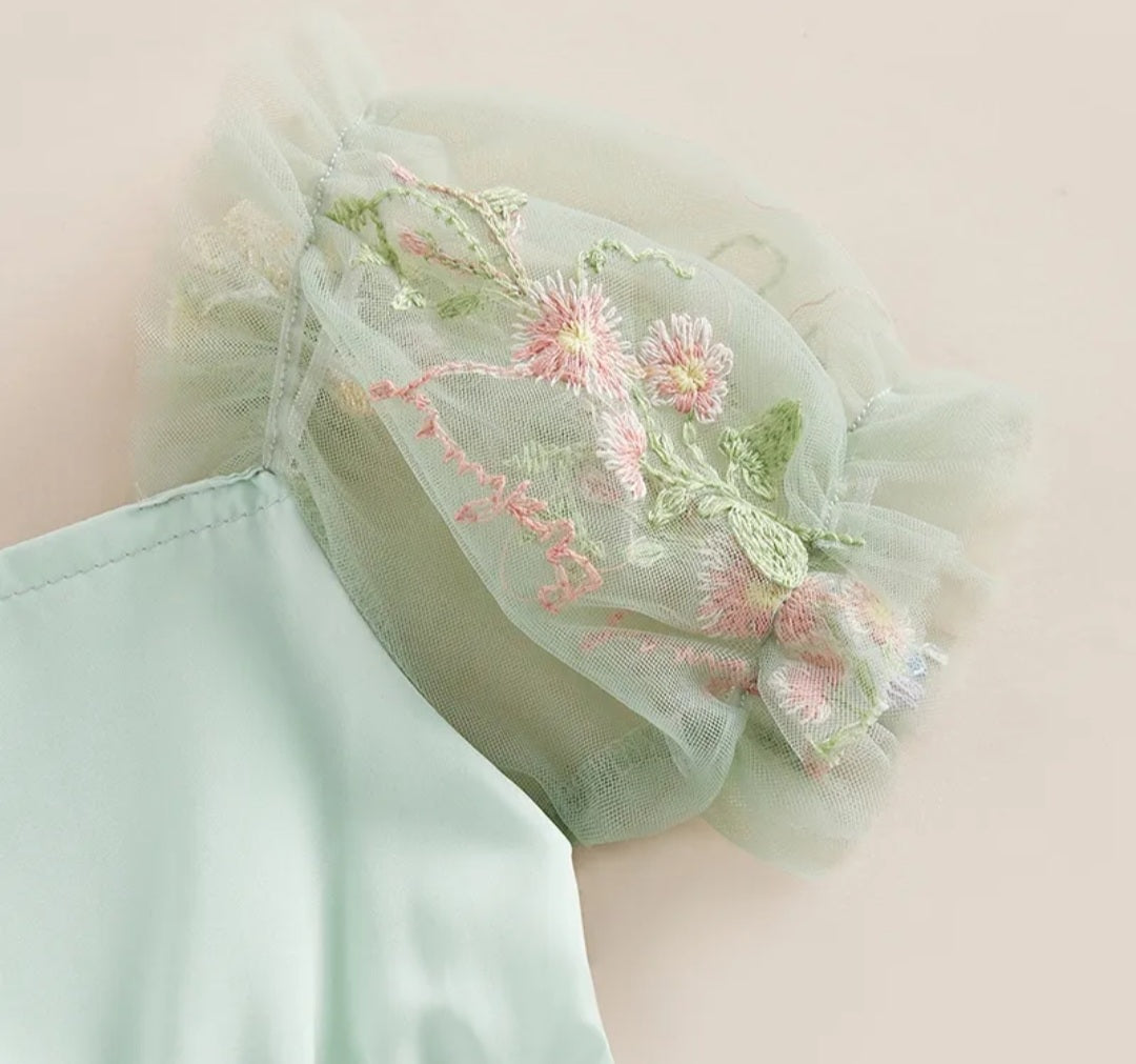 Mint Romper with Embroidered Tulle Tutu, Puff Sholders and Headband 1001176