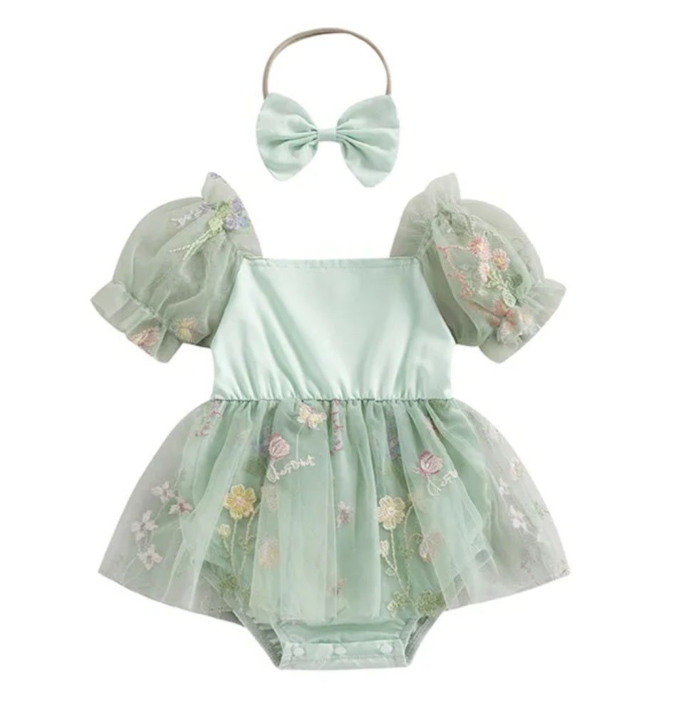 Mint Romper with Embroidered Tulle Tutu, Puff Sholders and Headband