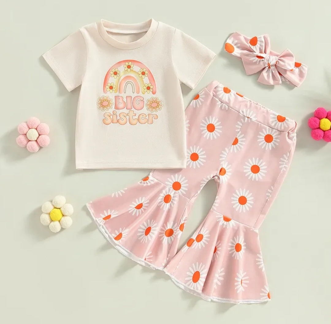  Maternity Announcement or BIG Sister Floral T with  Daisy Bellbottoms and Headband