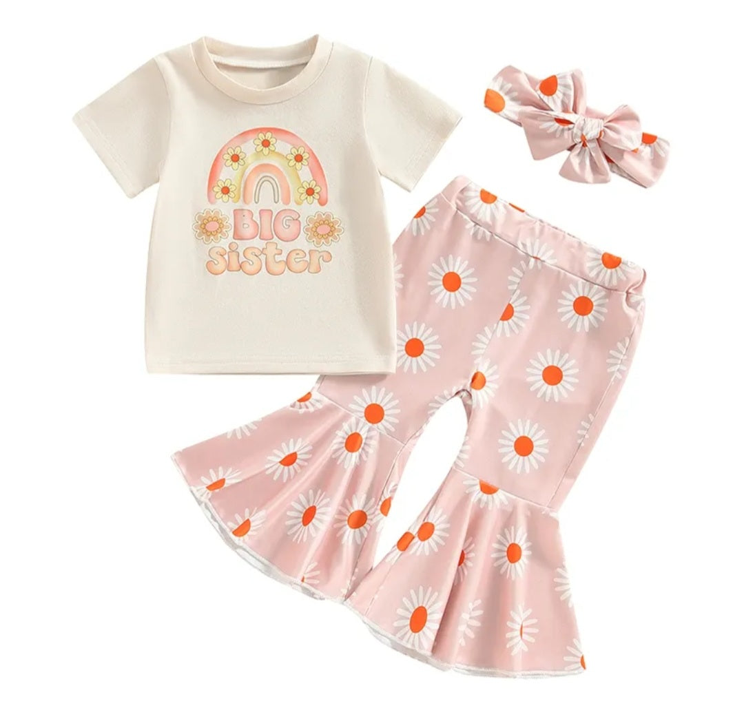  Maternity Announcement or BIG Sister Floral T with  Daisy Bellbottoms and Headband