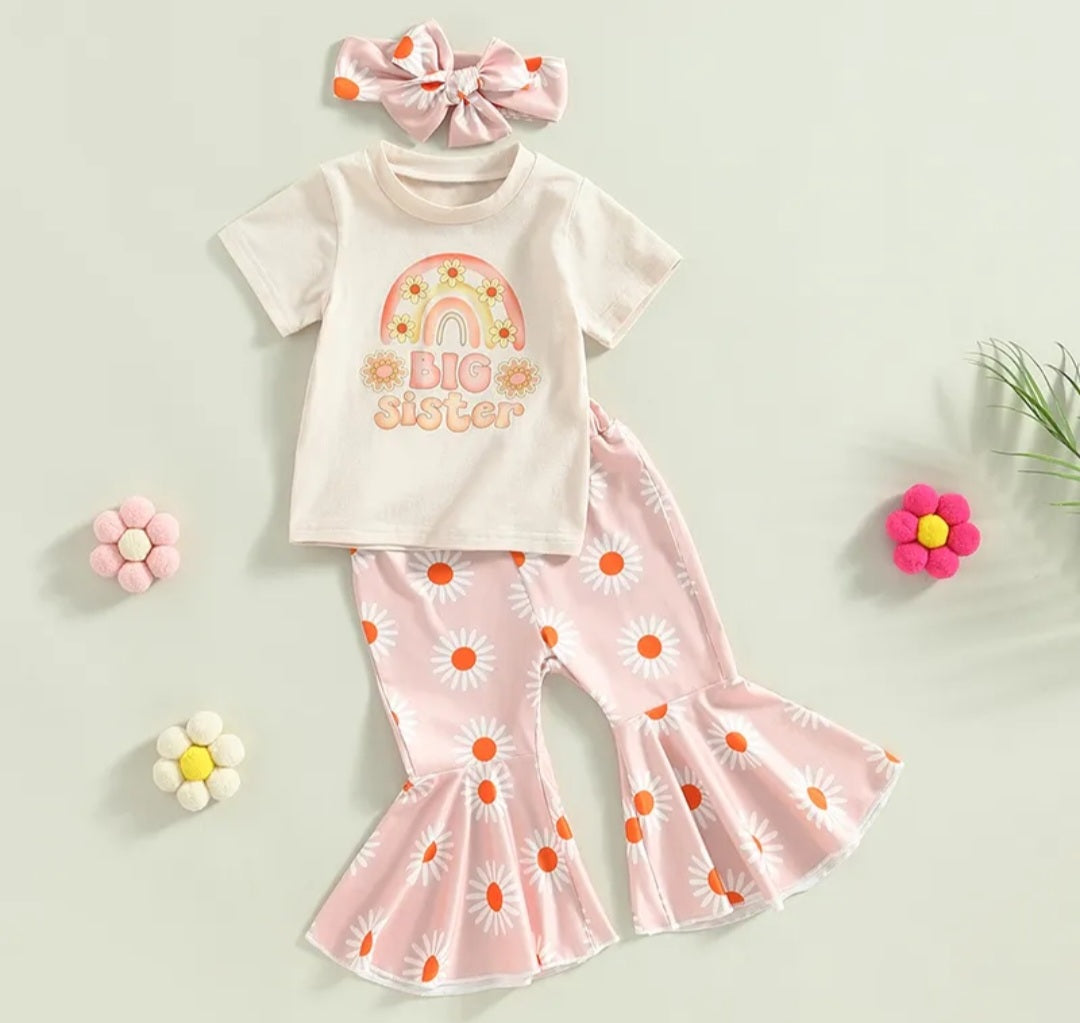  Maternity Announcement or BIG Sister Floral T with  Daisy Bellbottoms and Headband