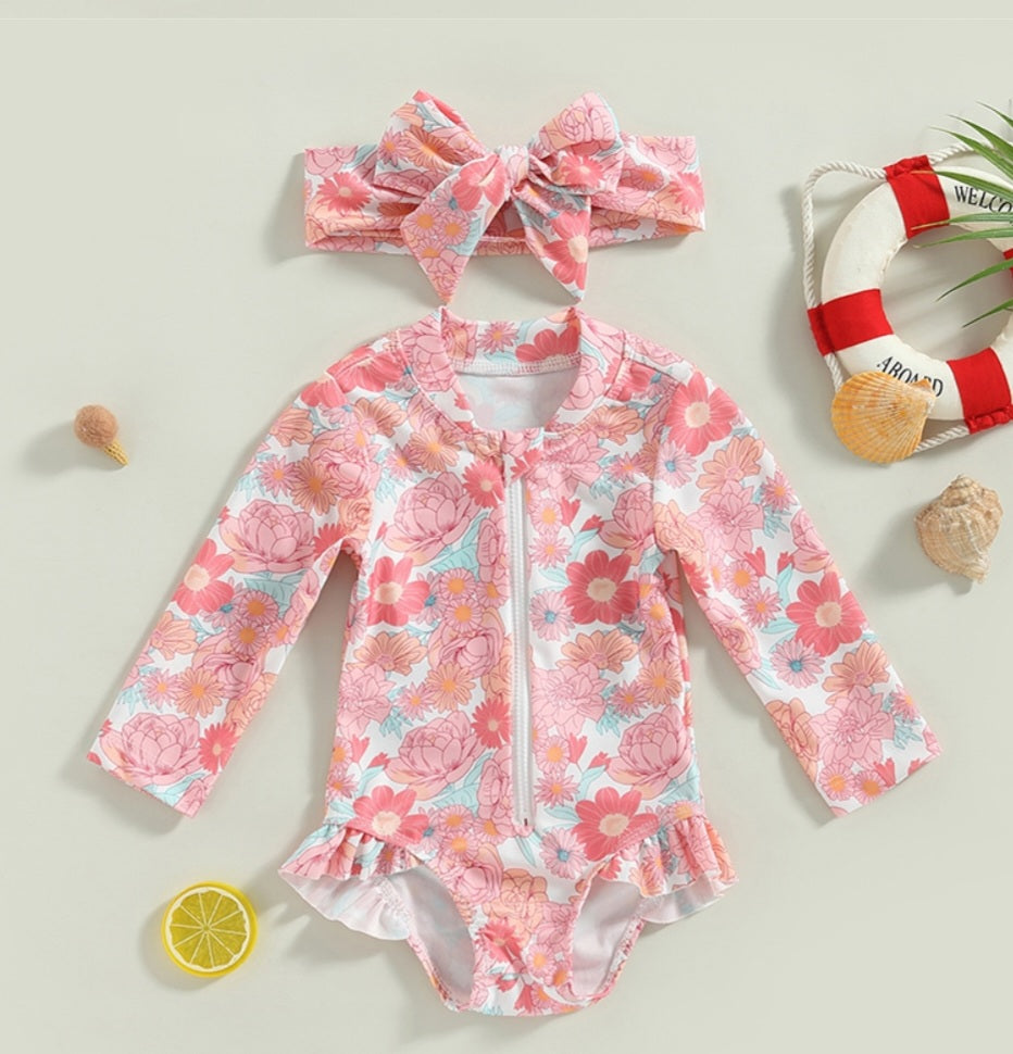 Floral Long Sleeve Swimsuit and Headband