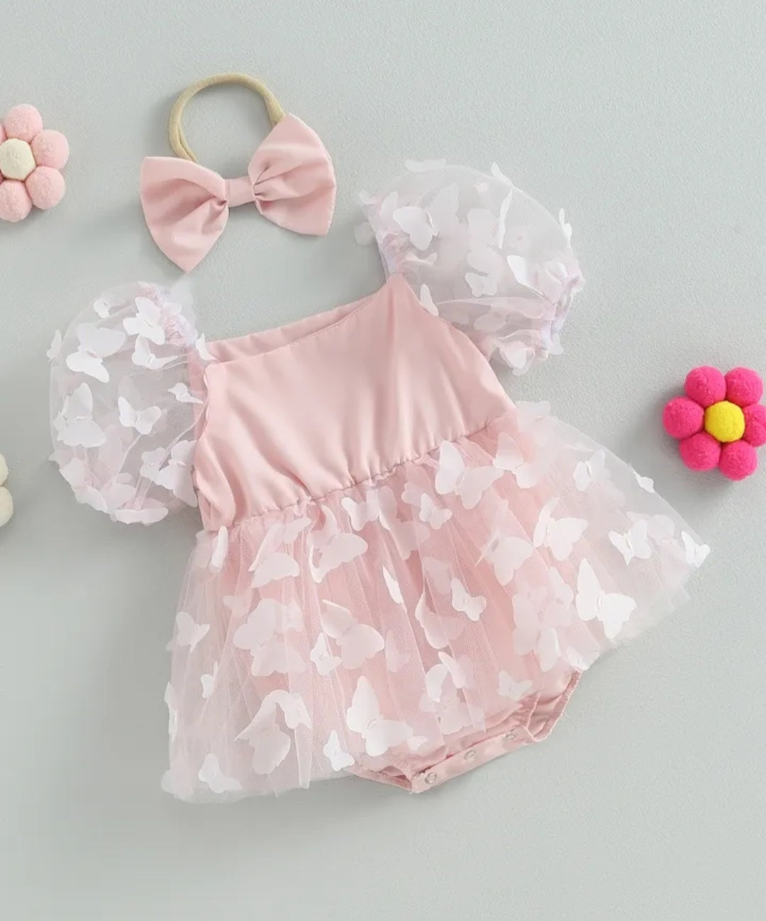 Pink Butterfly Puffy Sleeve Romper Dress
