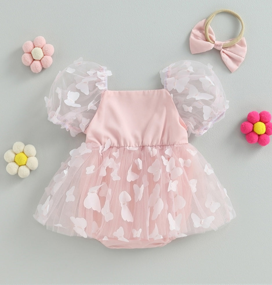 Pink Butterfly Puffy Sleeve Romper Dress