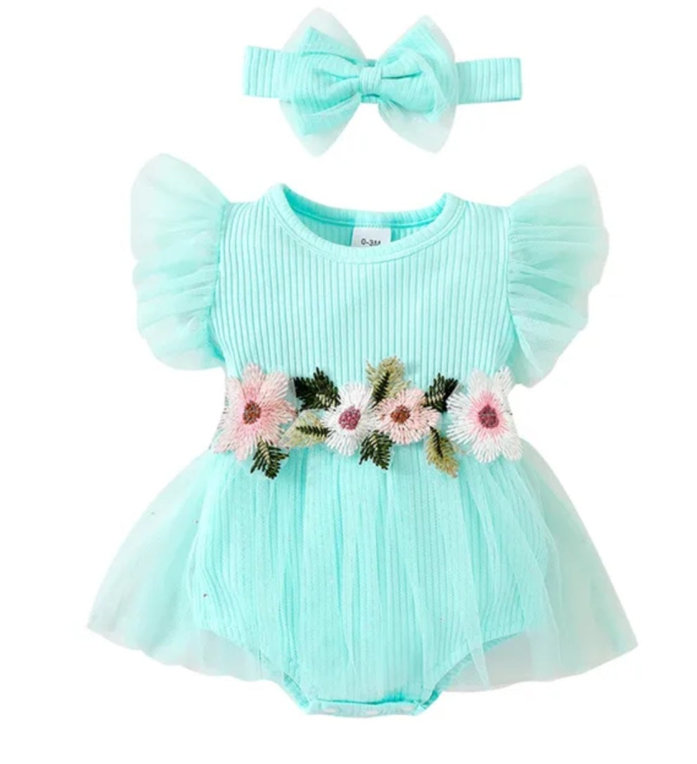 Sky Blue Ribbed Romper with Romantic Tulle Tutu and Headband