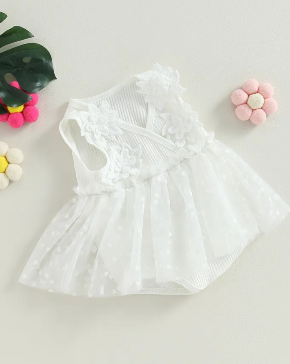 Ribbed White Lace Romper with Romantic Tulle Tutu 1001169