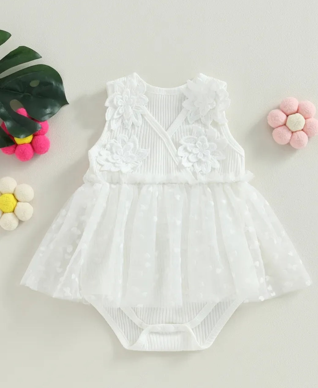 Ribbed White Lace Romper with Romantic Tulle Tutu 1001169