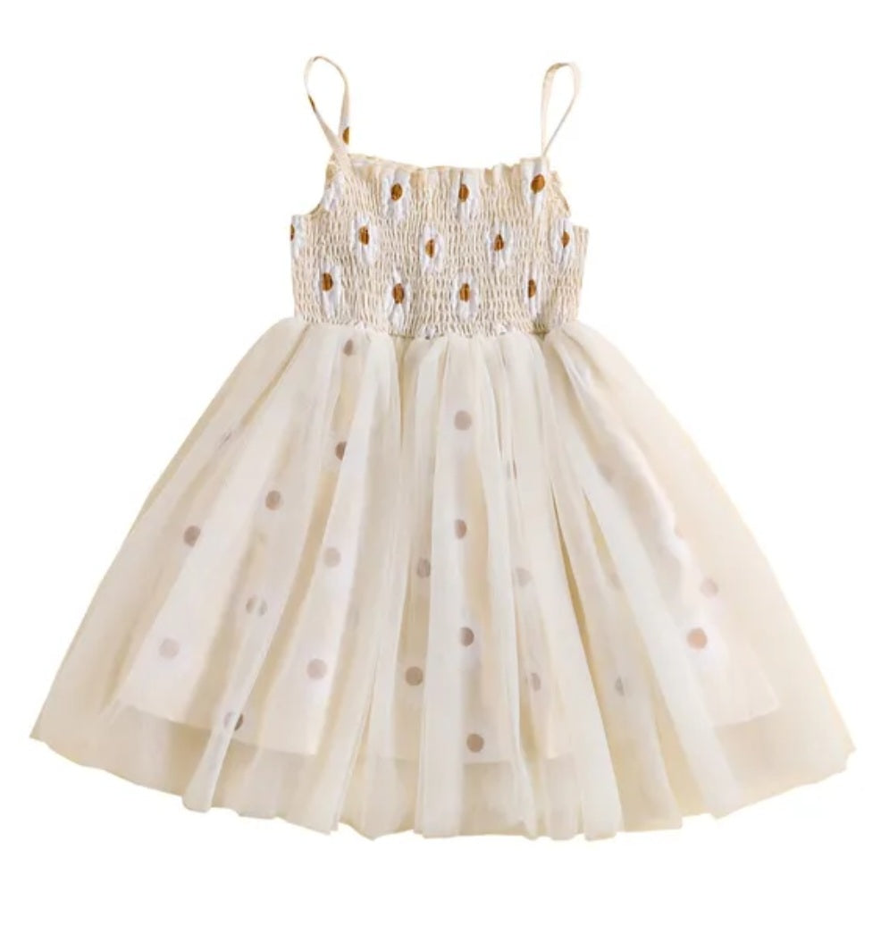 Off White Strappy Daisy Tulle Dress