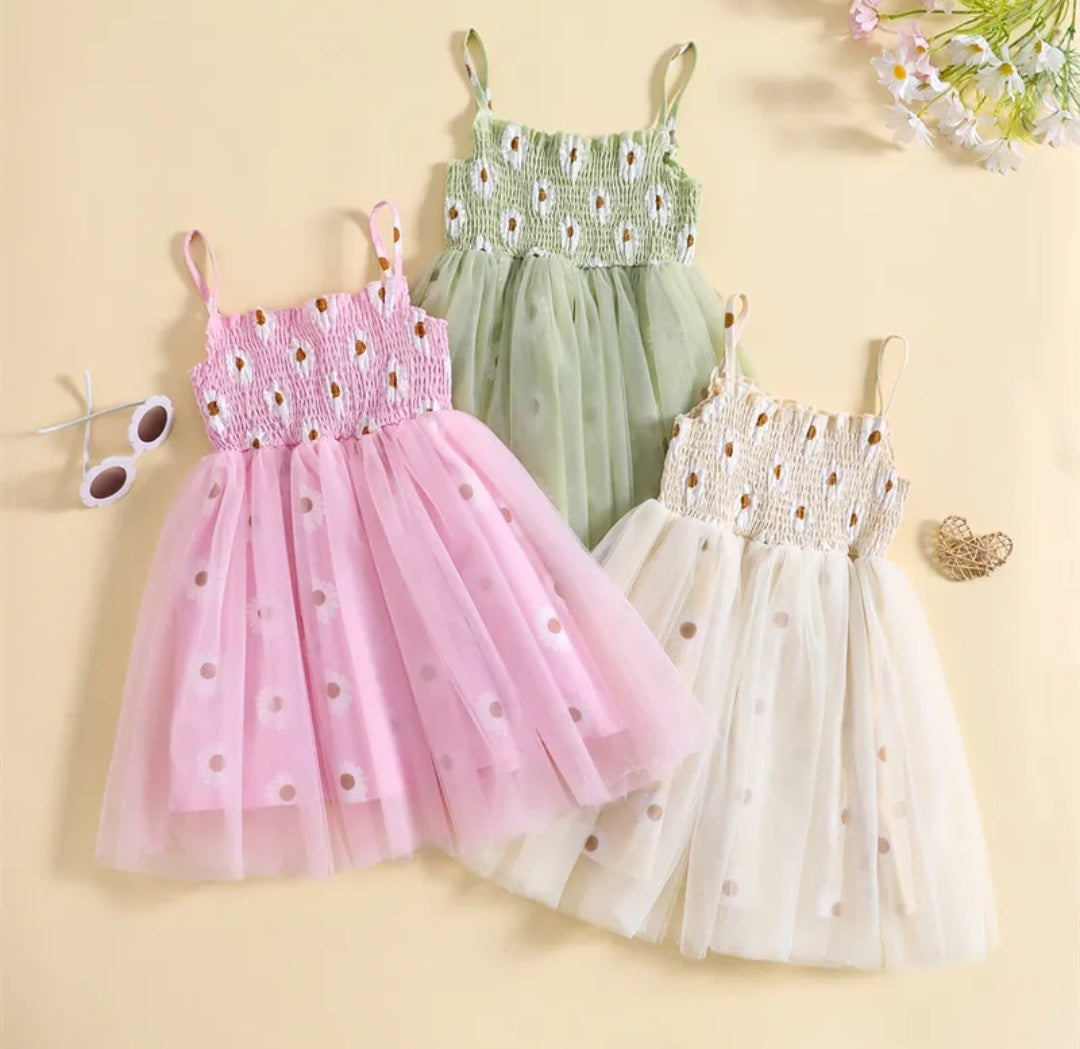 Off White Strappy Daisy Tulle Dress #1001157