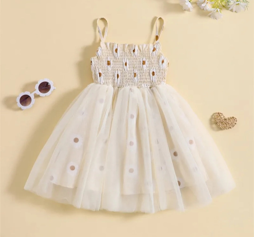 Off White Strappy Daisy Tulle Dress