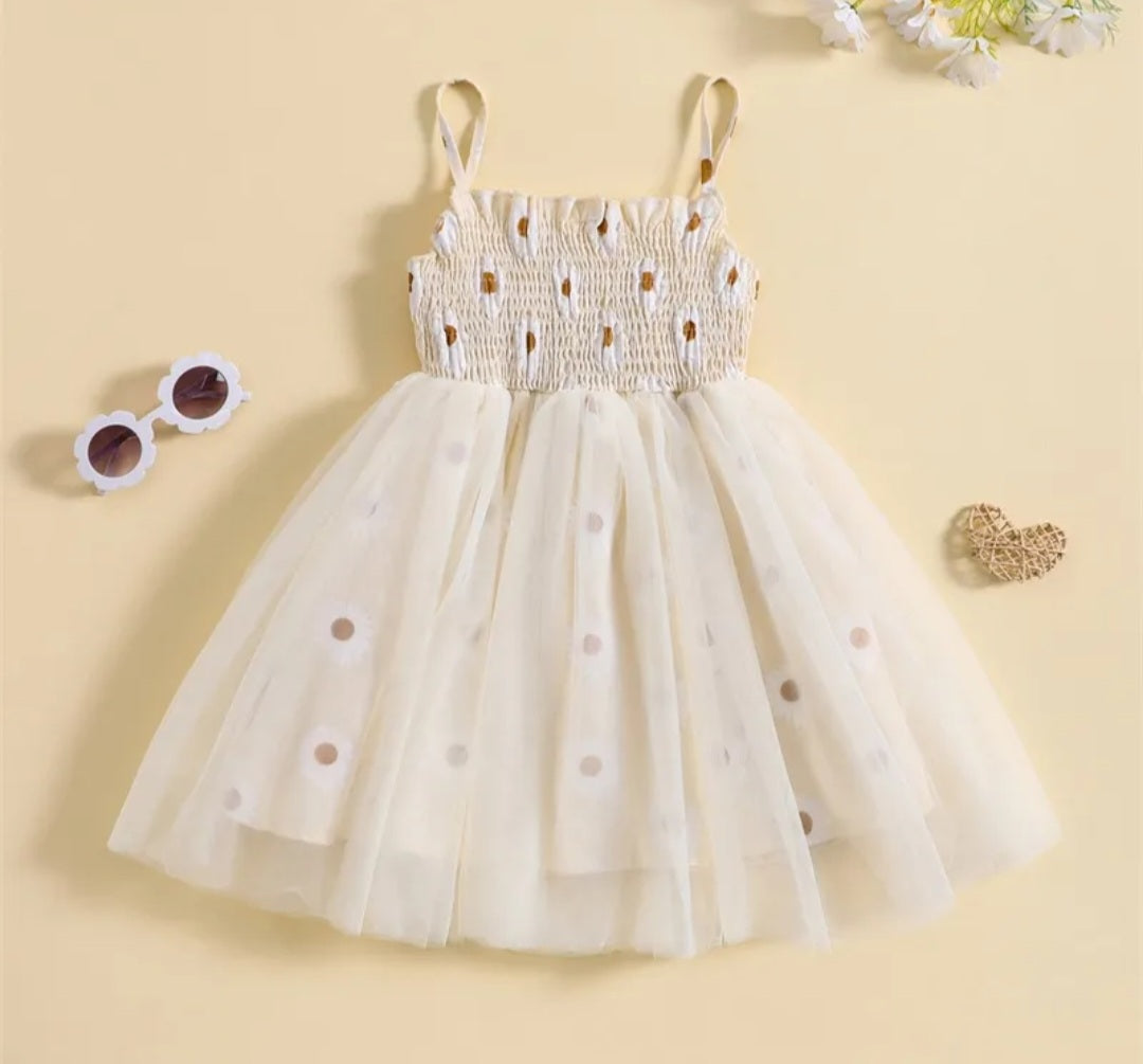 Off White Strappy Daisy Tulle Dress 1001157