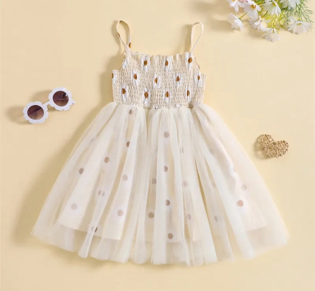 Off White Strappy Daisy Tulle Dress 1001157