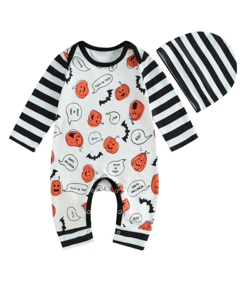Trick Or Treat Pumpkin Romper and Beanie (Gender Neutral) 1001196