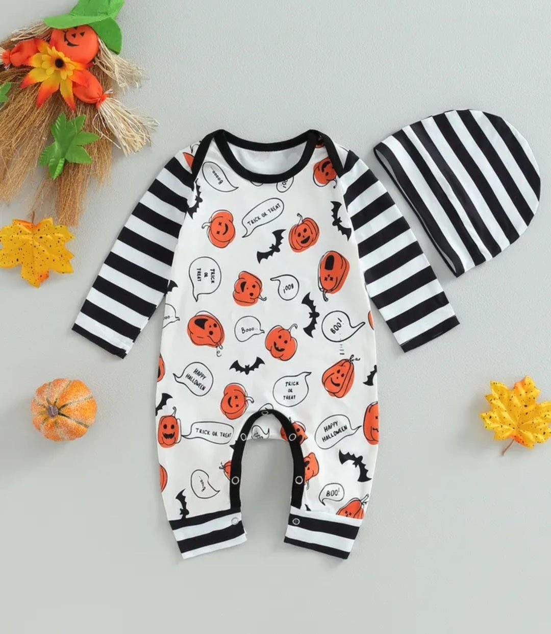 Trick Or Treat Pumpkin Romper and Beanie (Gender Neutral) 1001196