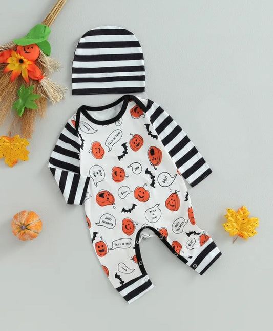Trick Or Treat Pumpkin Romper and Beanie (Gender Neutral)