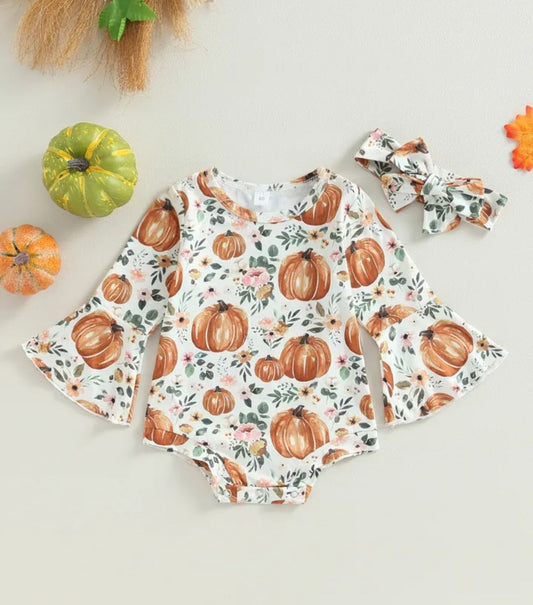 Floral Pumpkin Romper with Bell Sleeves and Headband