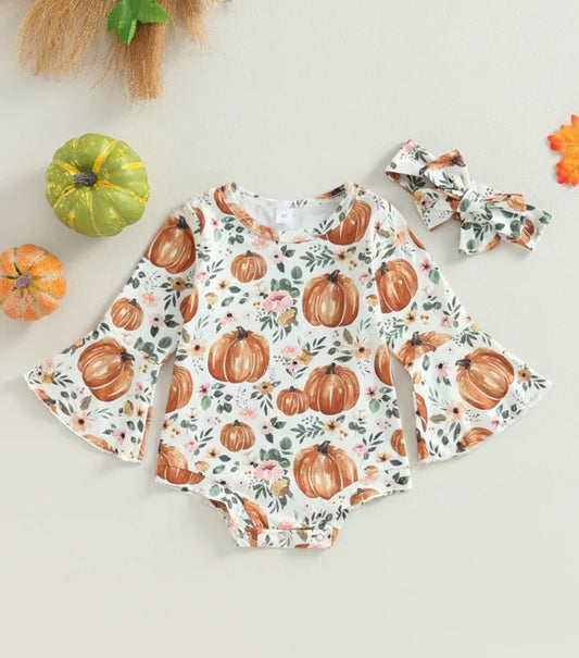Floral Pumpkin Romper with Bell Sleeves and Headband 1001186
