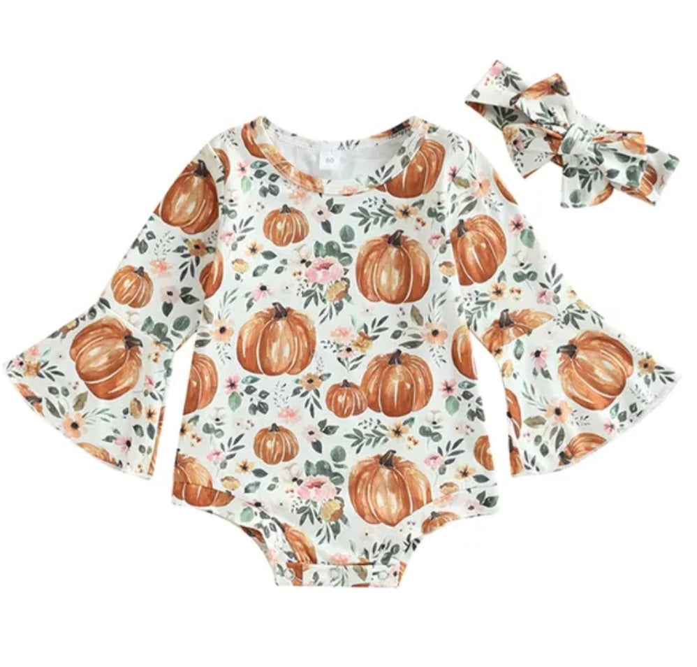 Floral Pumpkin Romper with Bell Sleeves and Headband