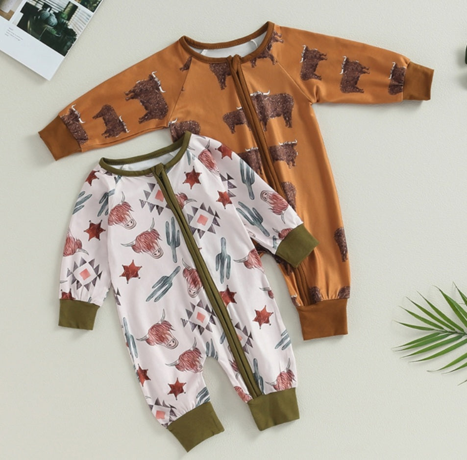 Tan Ranch Life Cow Romper with Side Zipper