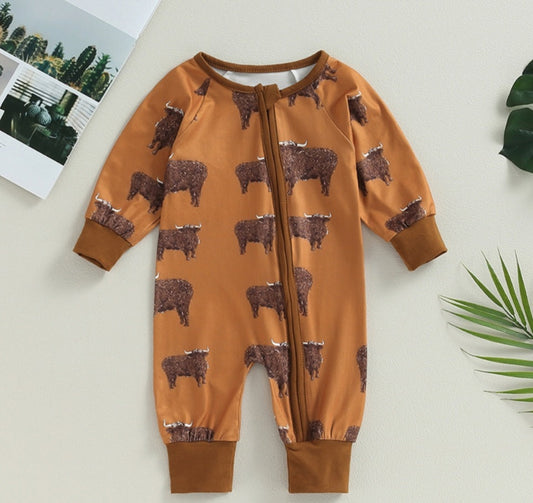 Tan Ranch Life Cow Romper with Side Zipper