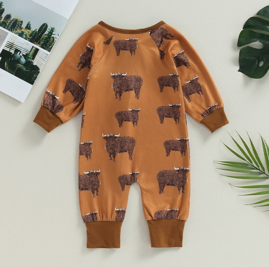 Tan Ranch Life Cow Romper with Side Zipper