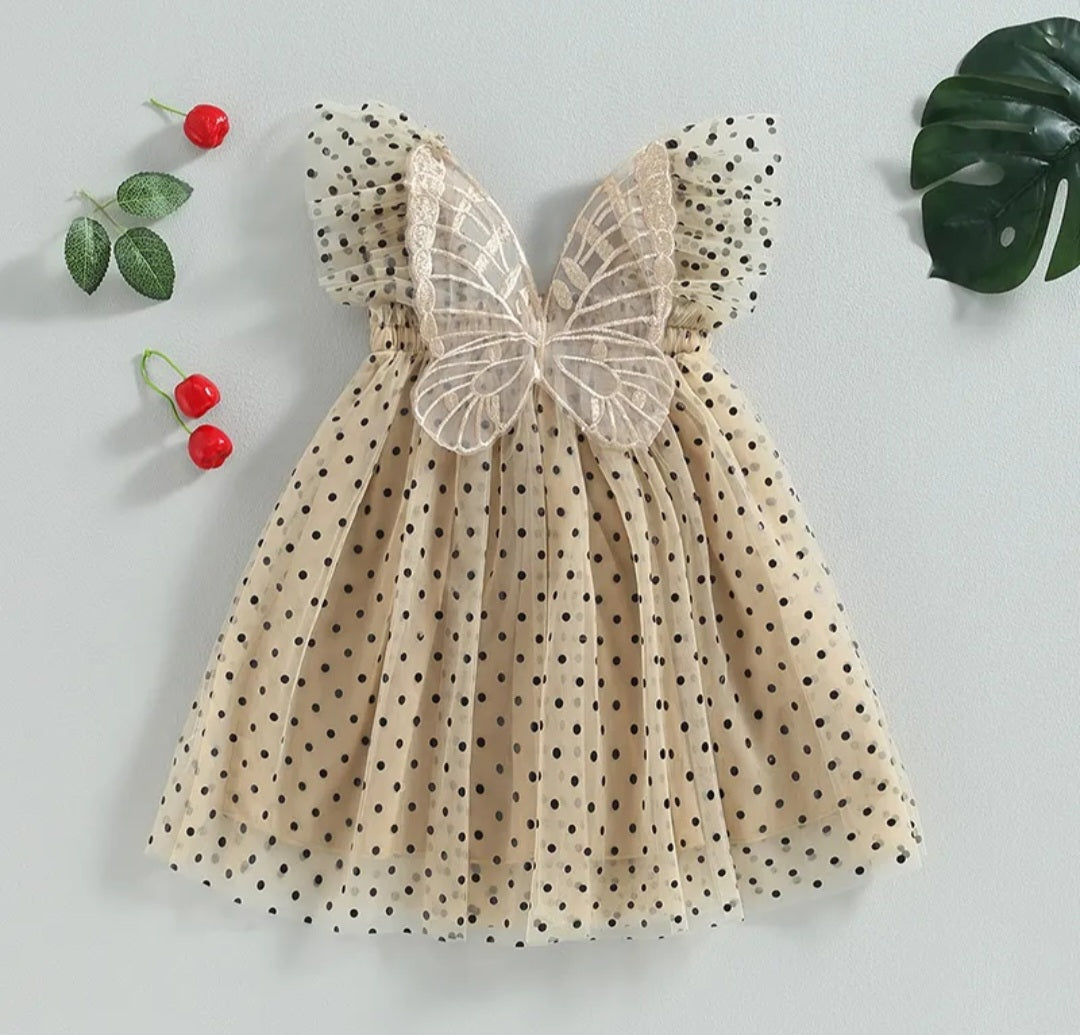 Champagne Polka Lace Butterfly Tulle Dress 1001154