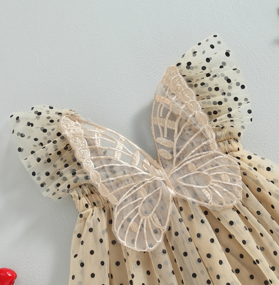 Champagne Polka Lace Butterfly Tulle Dress