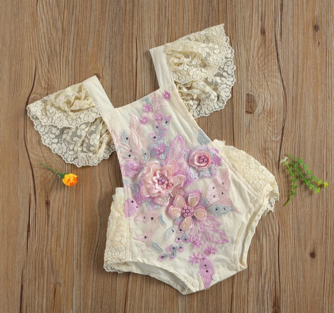 Purple Floral Embroidered Lace Romper