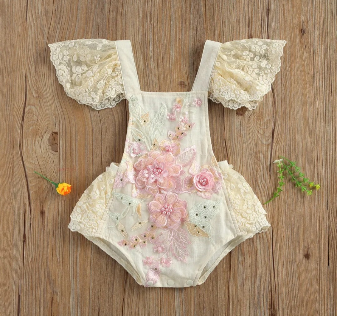 Pink Floral Embroidered Lace Romper