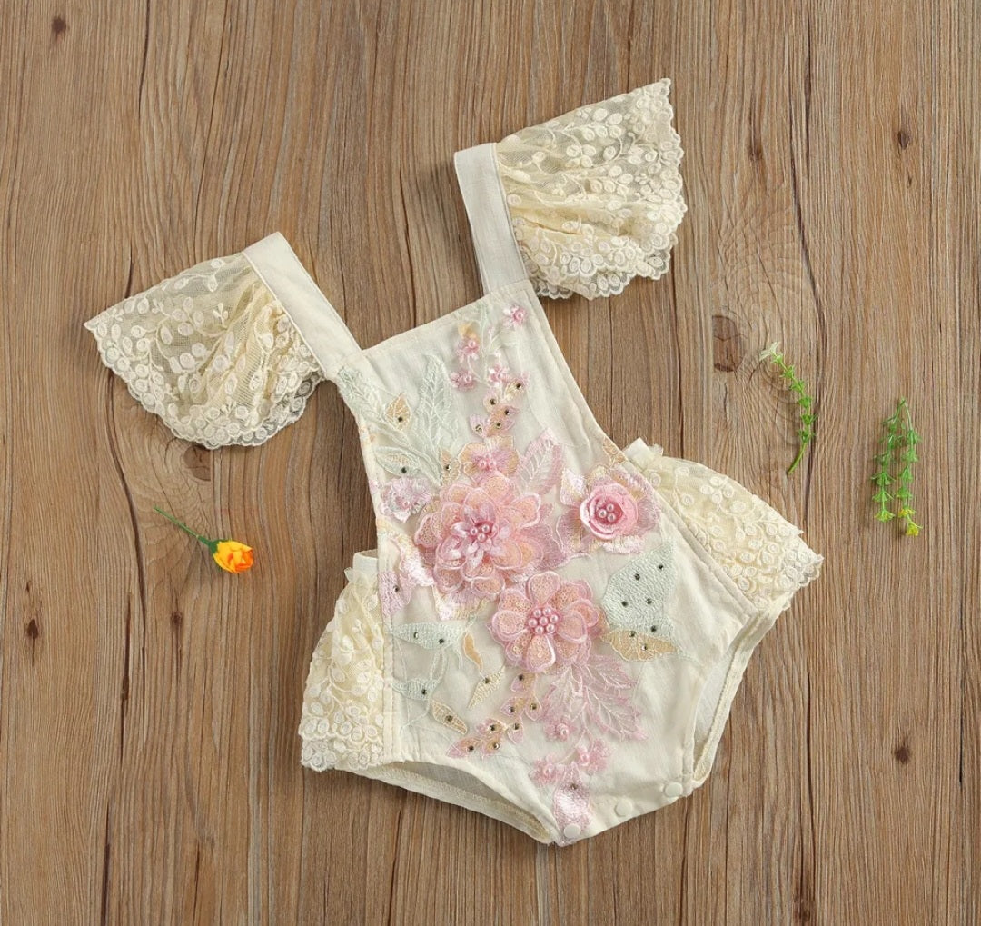 Pink Floral Embroidered Lace Romper 1001158