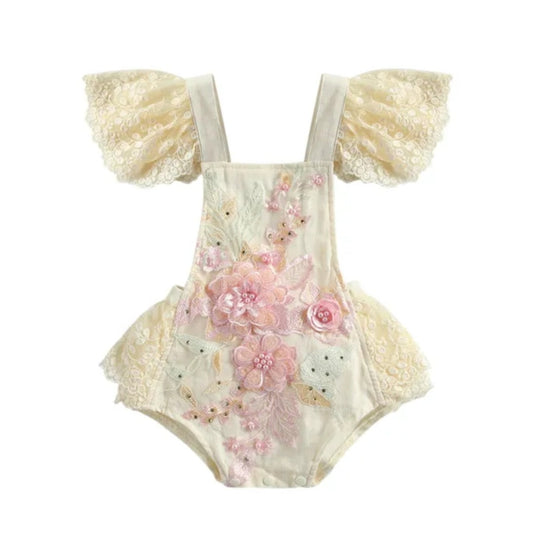 Pink Floral Embroidered Lace Romper