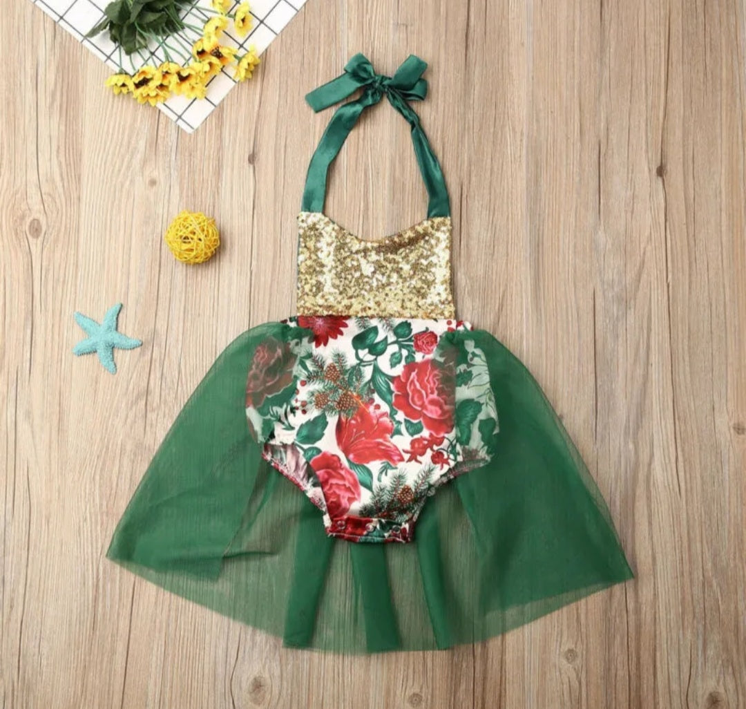 Green Floral Romper with Romantic Tutu 