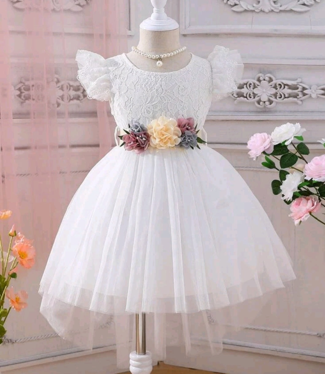 White Special Occasions Dress with Floral Belt/Headband 100046
