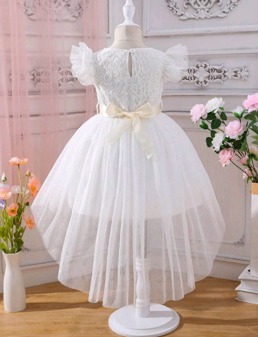 White Special Occasions Dress with Floral Belt/Headband