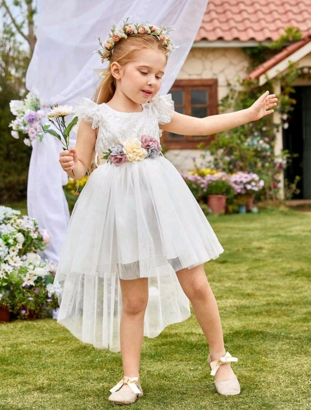 White Special Occasions Dress with Floral Belt/Headband