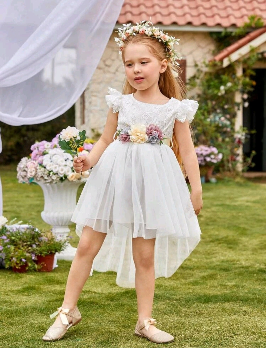 White Special Occasions Dress with Floral Belt/Headband 100046
