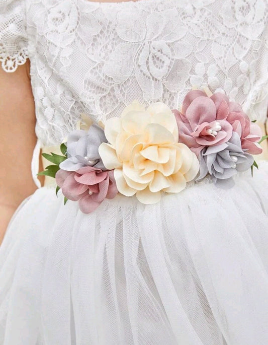White Special Occasions Dress with Floral Belt/Headband 100046